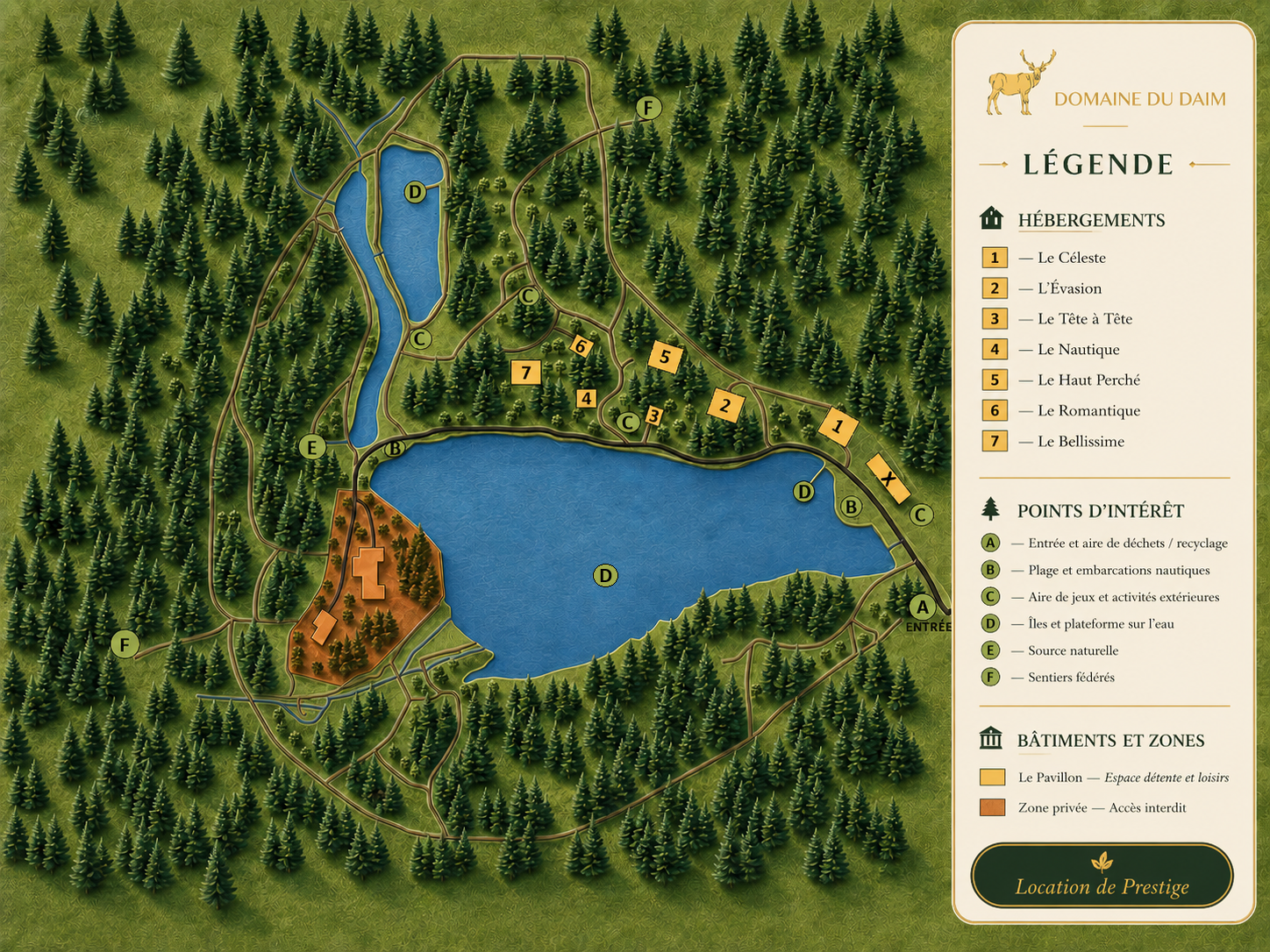Carte illustrée du Domaine du Daim avec les sept chalets et les points d’intérêt