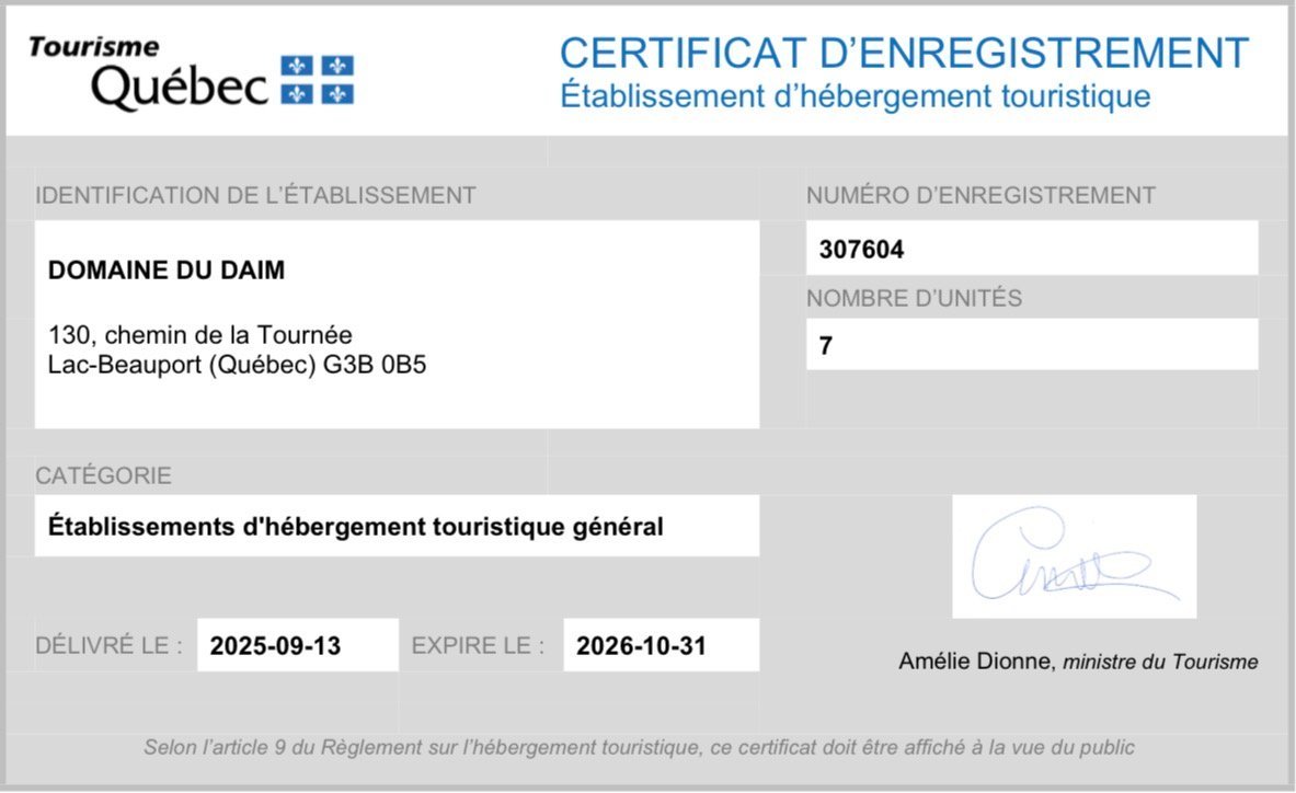 Domaine du Daim tourist accommodation registration certificate